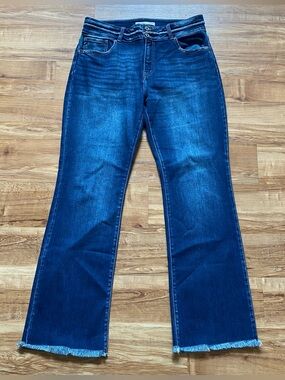 KanCan 31 Dark Blue High-Rise Flare Raw Hem Denim Jeans Stretch 70s Retro Boho